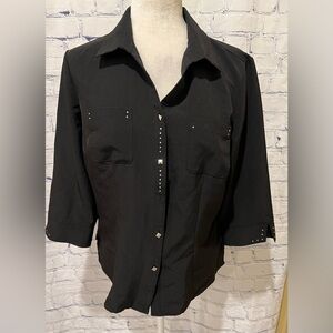 Kathy Che Stretch Black 3/4 Sleeve Button Down Shirt Women’s Medium